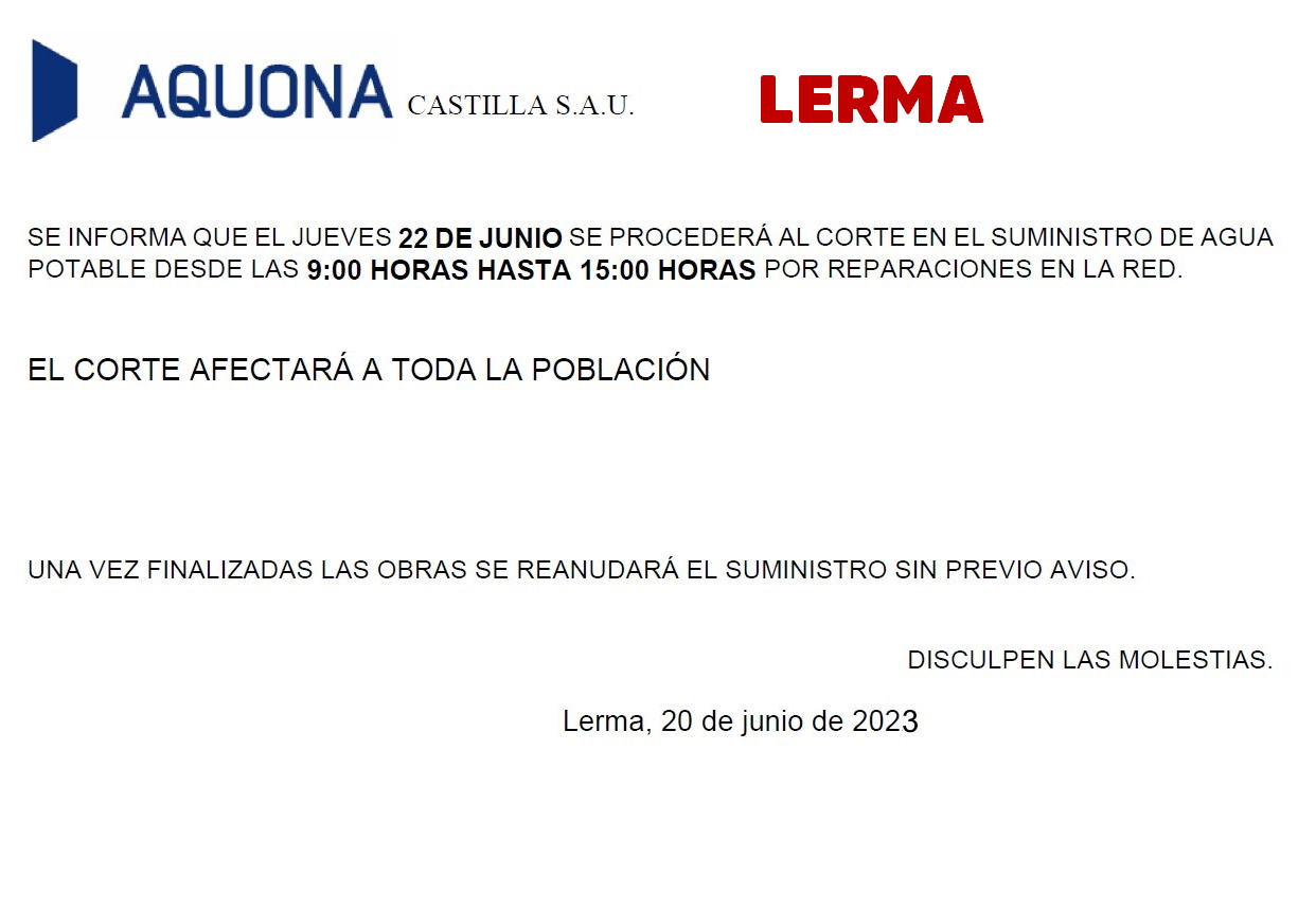 Corte de agua en Lerma jueves 22