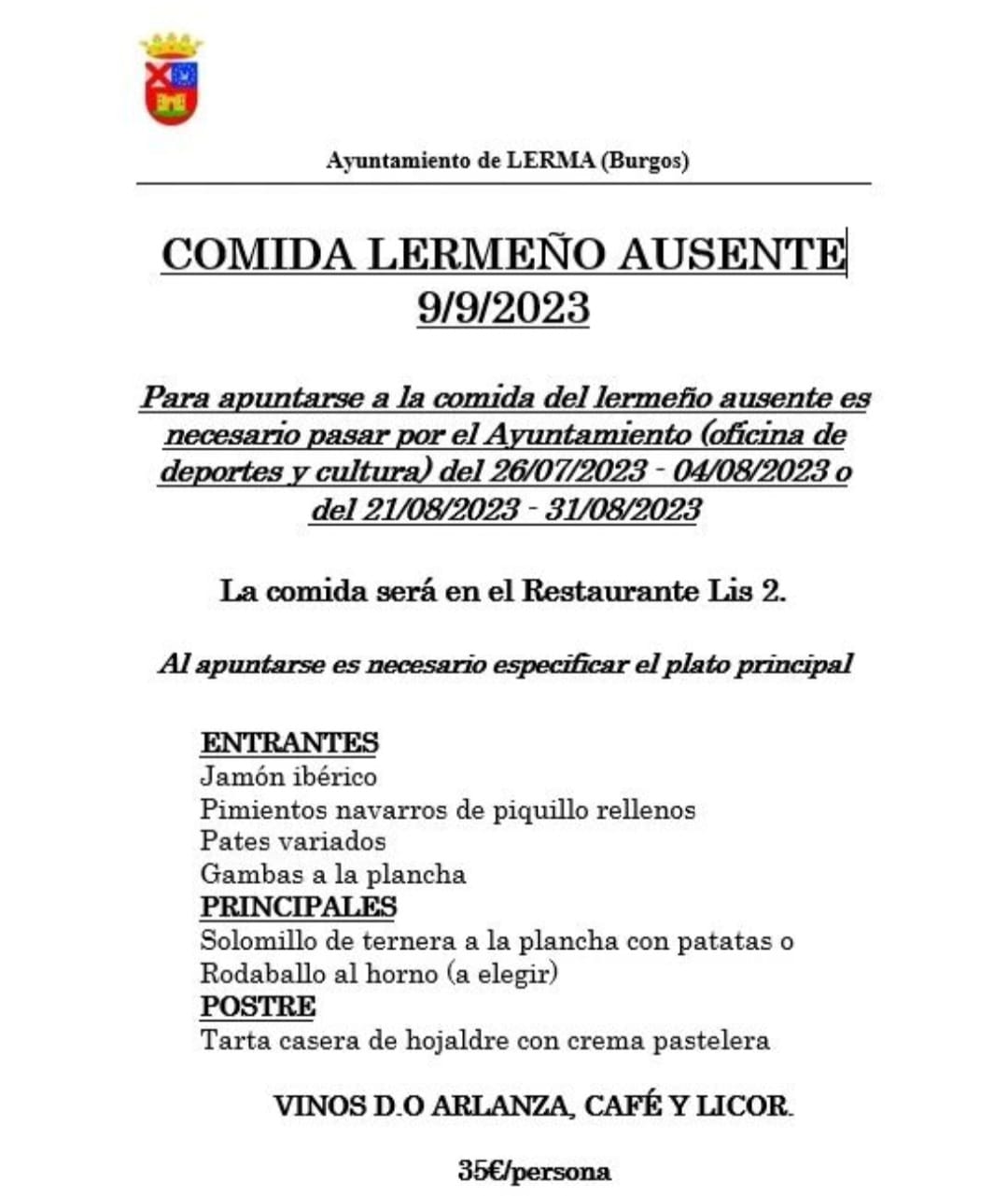 Para acudir a la comida del Lermeño Ausente es necesario inscribirse previamente en el Ayuntamiento.